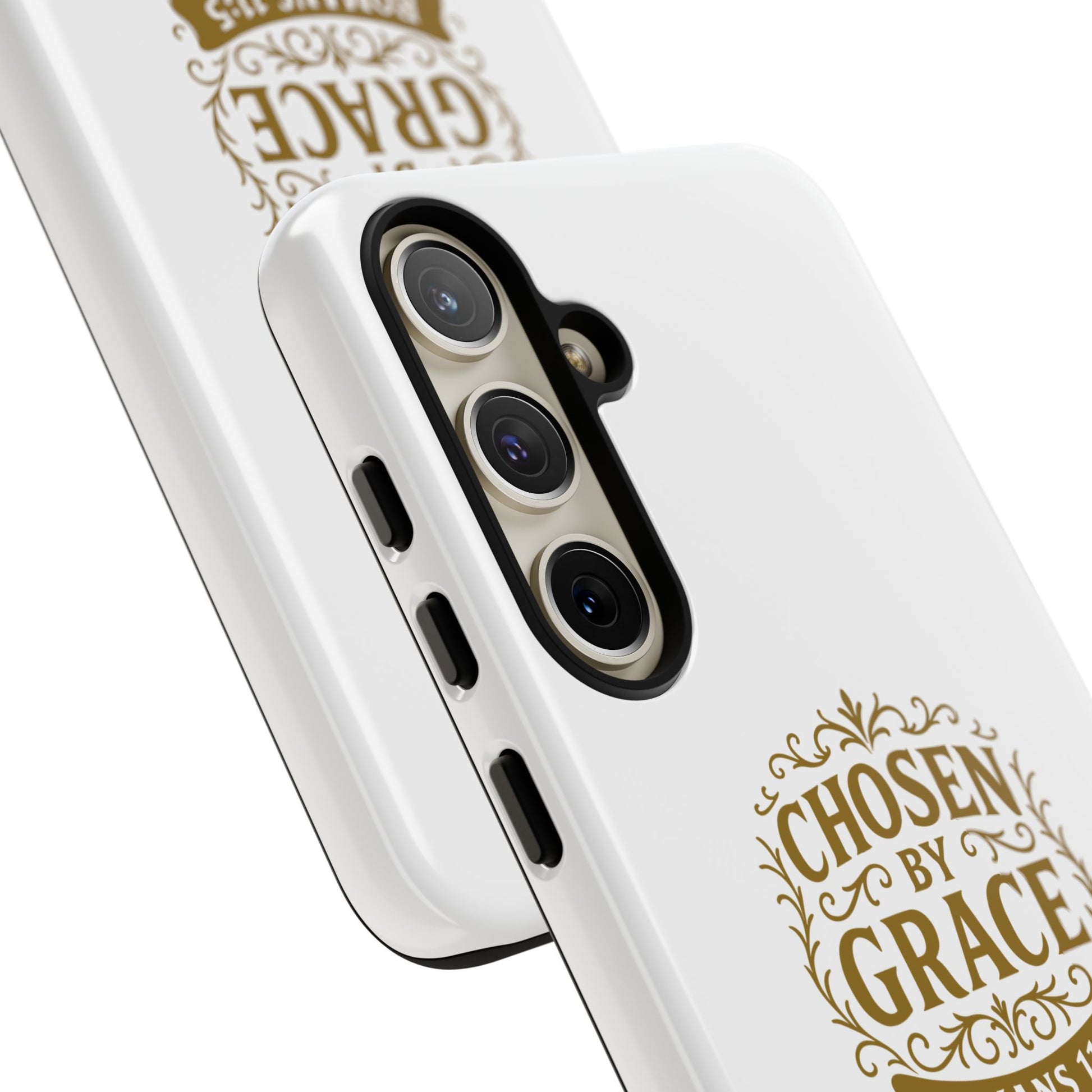 Chosen by Grace (Gold Lettering), Rugged Phone Case, Inspirational Mobile Cover, Gift for Faith Lovers, Faith-Based Protector - Cross Apparel USA
