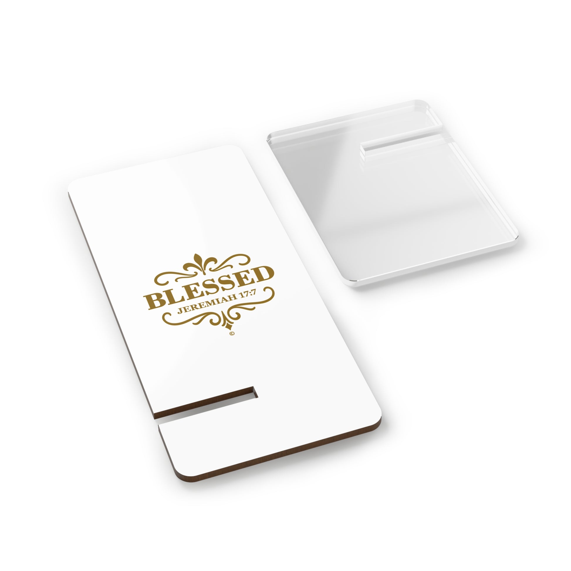 Blessed (Gold Lettering) Smartphone Display Stand, Desk Organizer, Gift for Students, Office Decor, Home Office Accessory - Cross Apparel USA