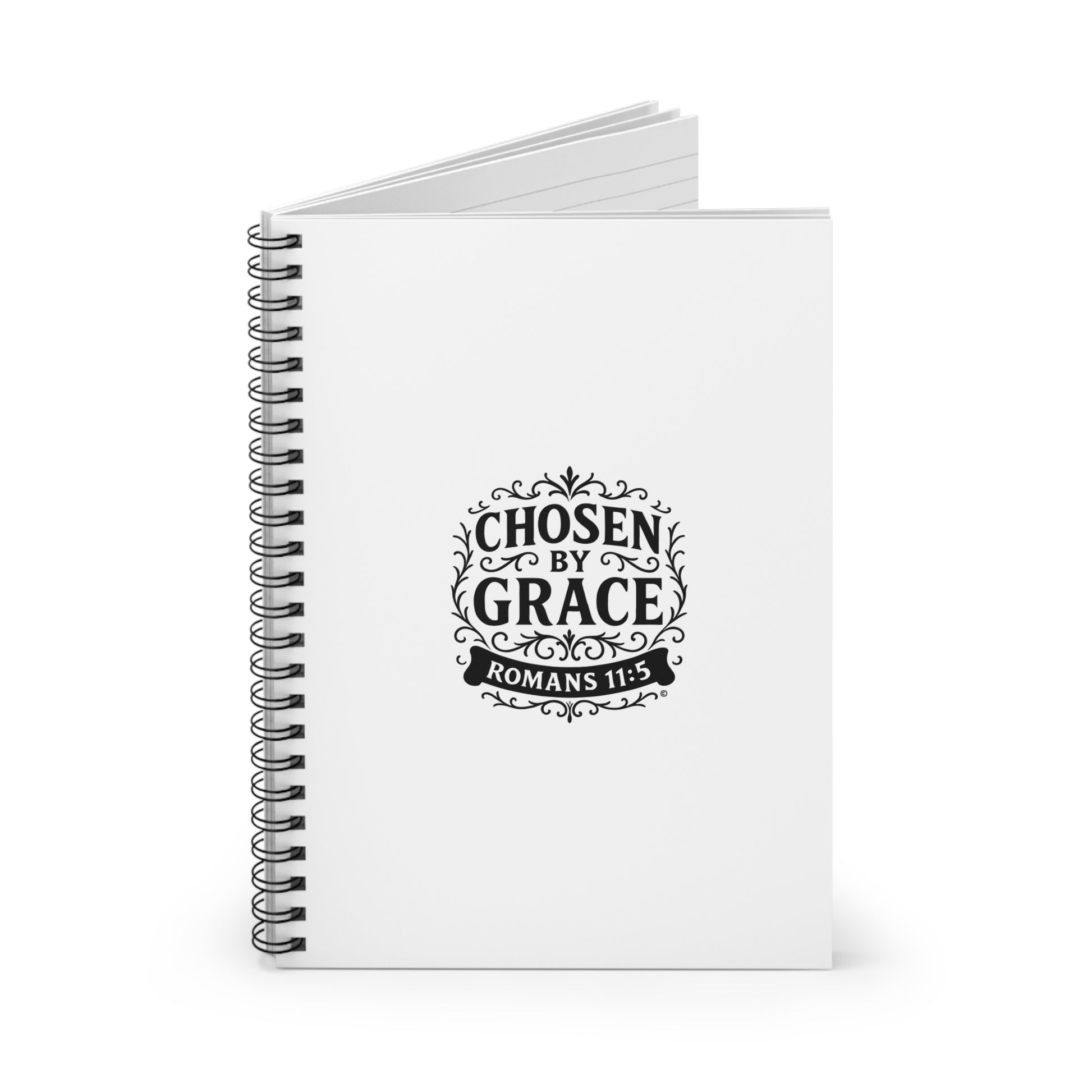 Chosen by Grace (Black Lettering) Inspirational Spiral Notebook, Christian Journal, Bible Study Supplies, Faith Gift, Daily Planner - Cross Apparel USA