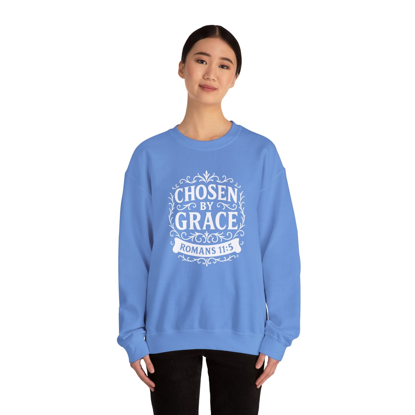 Chosen by Grace (White Lettering) Unisex Crewneck Sweatshirt - Inspirational Gift, Faith-Based Apparel, Cozy Casual Wear, Bible Verse Sweatshirt