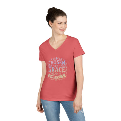 Chosen by Grace (Multi-color Limited Edition) Ladies V-Neck T-Shirt, Inspirational Gift, Faith-Based Gift - Cross Apparel USA