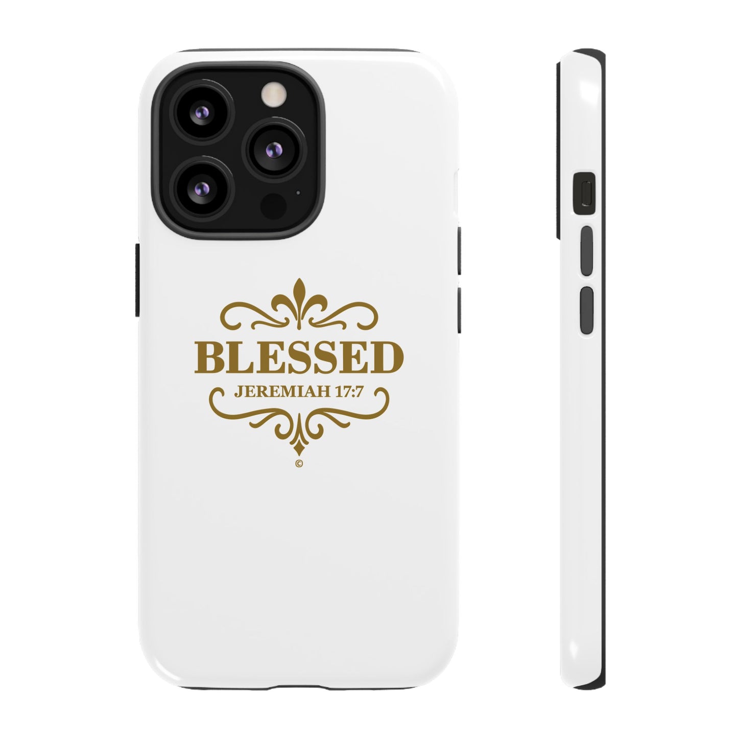 Blessed (Gold Lettering), Rugged Phone Case, Inspirational Mobile Cover, Gift for Faith Lovers, Faith-Based Protector - Cross Apparel USA