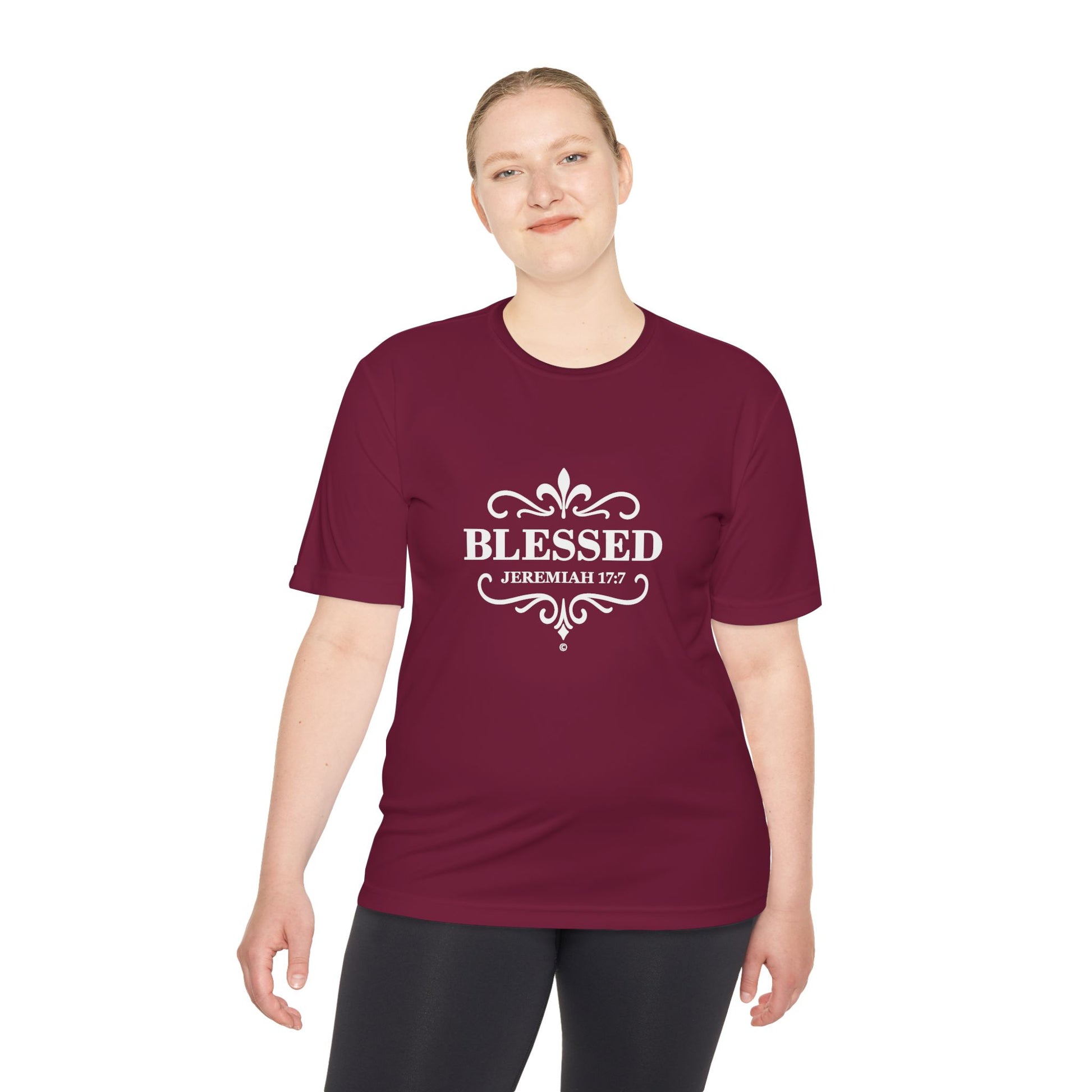 Blessed (White Lettering) Unisex Activewear Performance Moisture Wicking Tee, Faith-Based Workout Shirt, Inspirational Fitness Gear, Gift for Fitness Lovers, Bible Verse T-Shirt - Cross Apparel USA