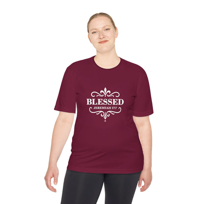 Blessed (White Lettering) Unisex Activewear Performance Moisture Wicking Tee, Faith-Based Workout Shirt, Inspirational Fitness Gear, Gift for Fitness Lovers, Bible Verse T-Shirt - Cross Apparel USA