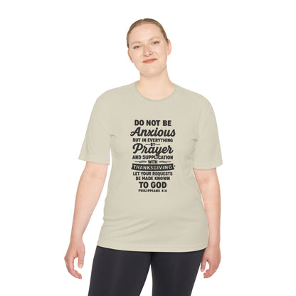Not Anxious (Black Lettering with full design on the front side) Activewear Performance Moisture Wicking Tee, Faith-Based Workout Shirt, Inspirational Fitness Gear, Gift for Fitness Lovers, Bible Verse T-Shirt - Cross Apparel USA