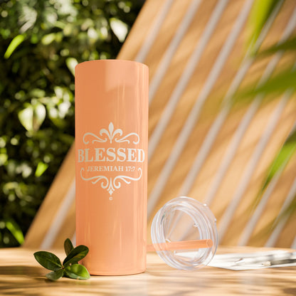Blessed (White Lettering) 20oz Skinny Tumbler, Inspirational Travel Mug, Unique Gift for Faith Lovers, Bible Verse Drinkware, Motivational Water Bottle