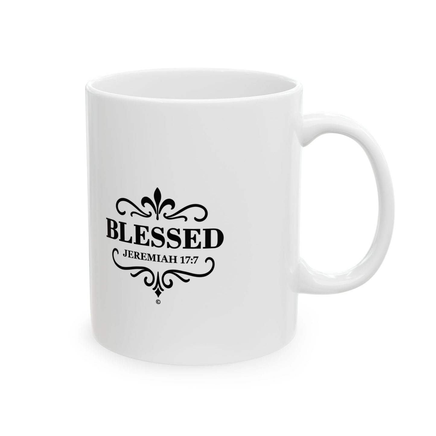 Blessed (Black Lettering) Ceramic Mug, Inspirational Gift, Coffee Cup for Faith, Gift of Believers, Devotional Drinkware (11oz, 15oz) - Cross Apparel USA