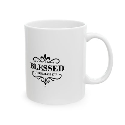 Blessed (Black Lettering) Ceramic Mug, Inspirational Gift, Coffee Cup for Faith, Gift of Believers, Devotional Drinkware (11oz, 15oz) - Cross Apparel USA