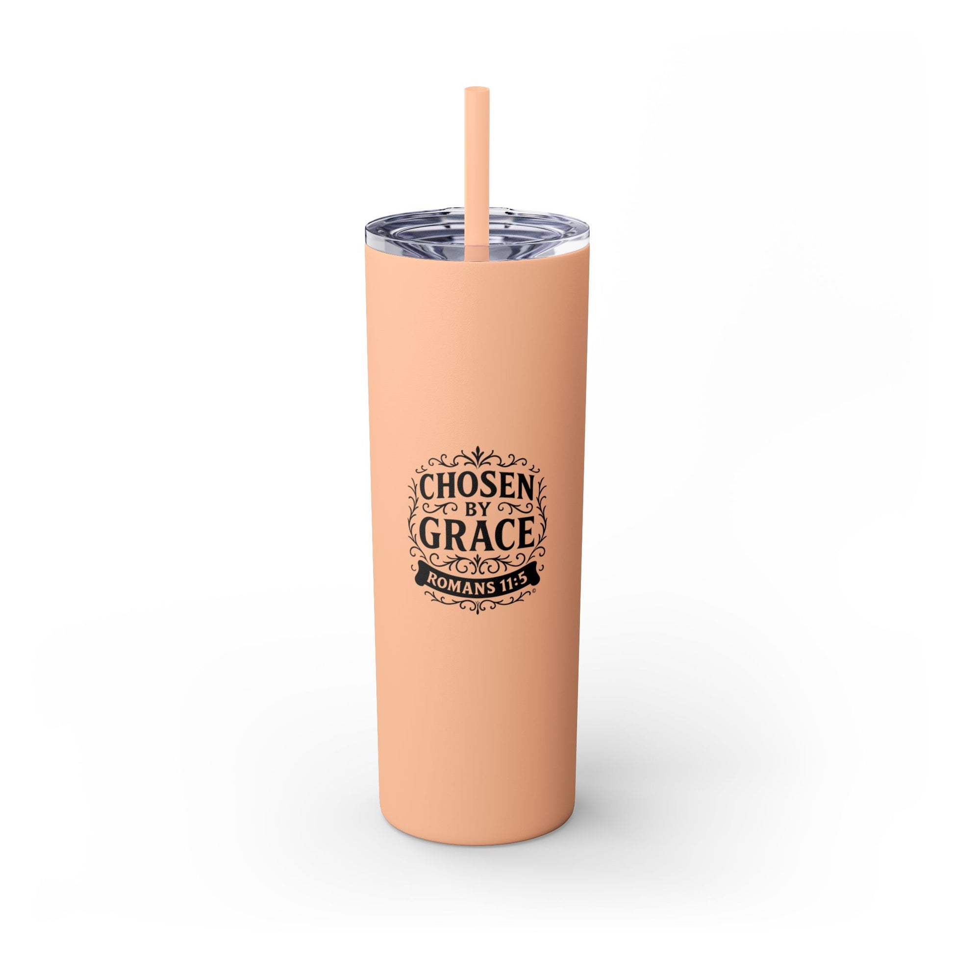 Chosen by Grace (Black Lettering) Stylish Skinny Tumbler with Straw, 20oz - Perfect Gift for Believers, Travel Mug, Insulated Drinkware, Inspirational Cup - Cross Apparel USA
