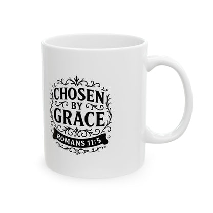 Chosen by Grace (Black Lettering) Ceramic Mug, Inspirational Gift, Coffee Cup for Faith, Gift of Believers, Devotional Drinkware (11oz, 15oz) - Cross Apparel USA