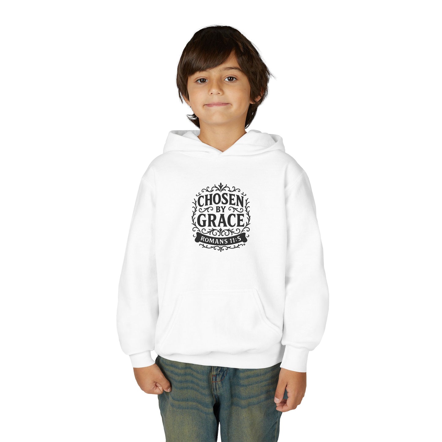 Chosen by Grace (Black Lettering) Youth Heavy Blend Hooded Sweatshirt