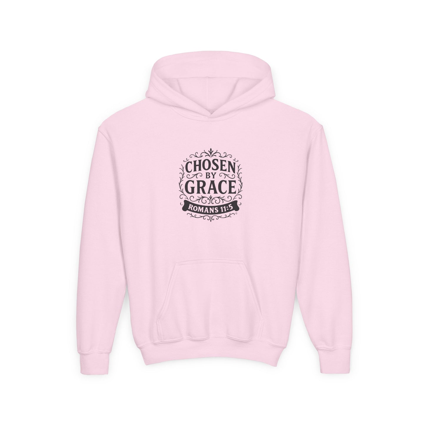 Chosen by Grace (Black Lettering) Youth Heavy Blend Hooded Sweatshirt - Cross Apparel USA