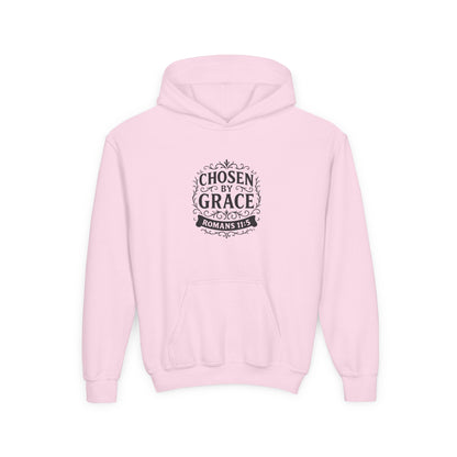 Chosen by Grace (Black Lettering) Youth Heavy Blend Hooded Sweatshirt - Cross Apparel USA