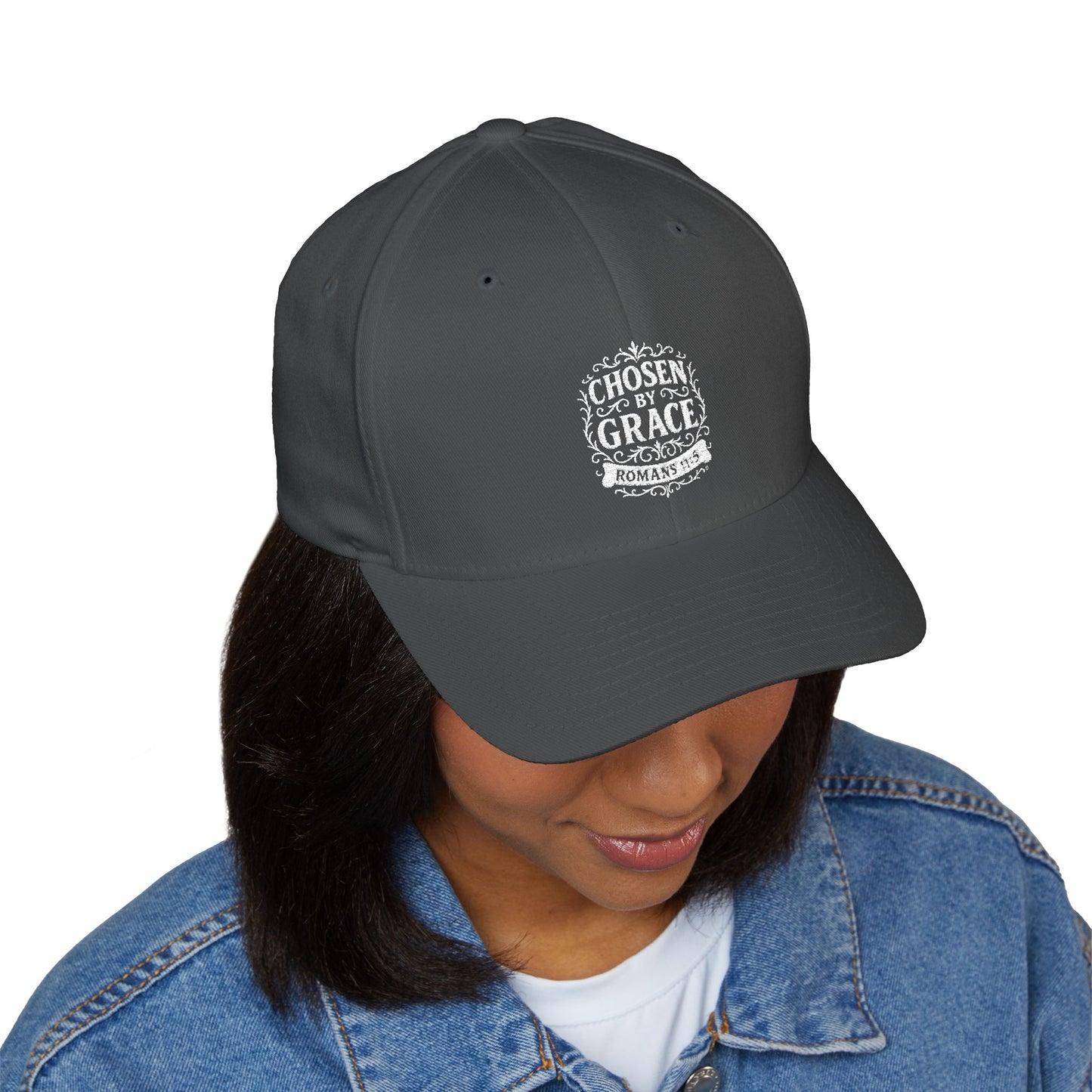 Chosen by Grace (White Lettering) Embroidered Cap - Stylish Flex Fit Closed-Back Hat, Perfect for Events, Gifts, and Celebrations