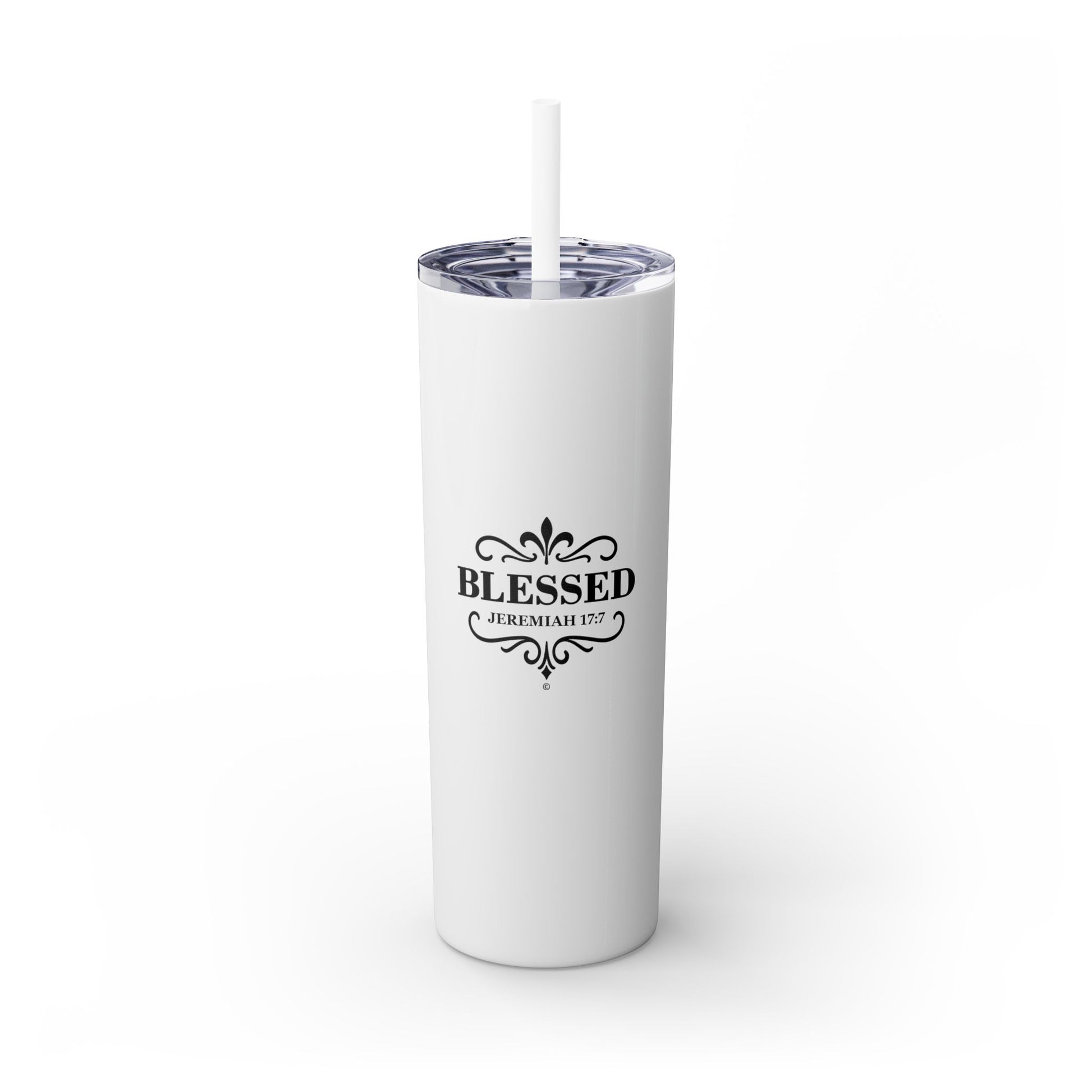 Blessed (Black Lettering) Stylish Skinny Tumbler with Straw, 20oz - Perfect Gift for Believers, Travel Mug, Insulated Drinkware, Inspirational Cup - Cross Apparel USA