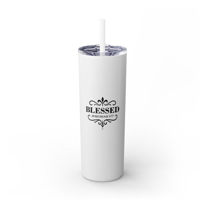 Blessed (Black Lettering) Stylish Skinny Tumbler with Straw, 20oz - Perfect Gift for Believers, Travel Mug, Insulated Drinkware, Inspirational Cup - Cross Apparel USA