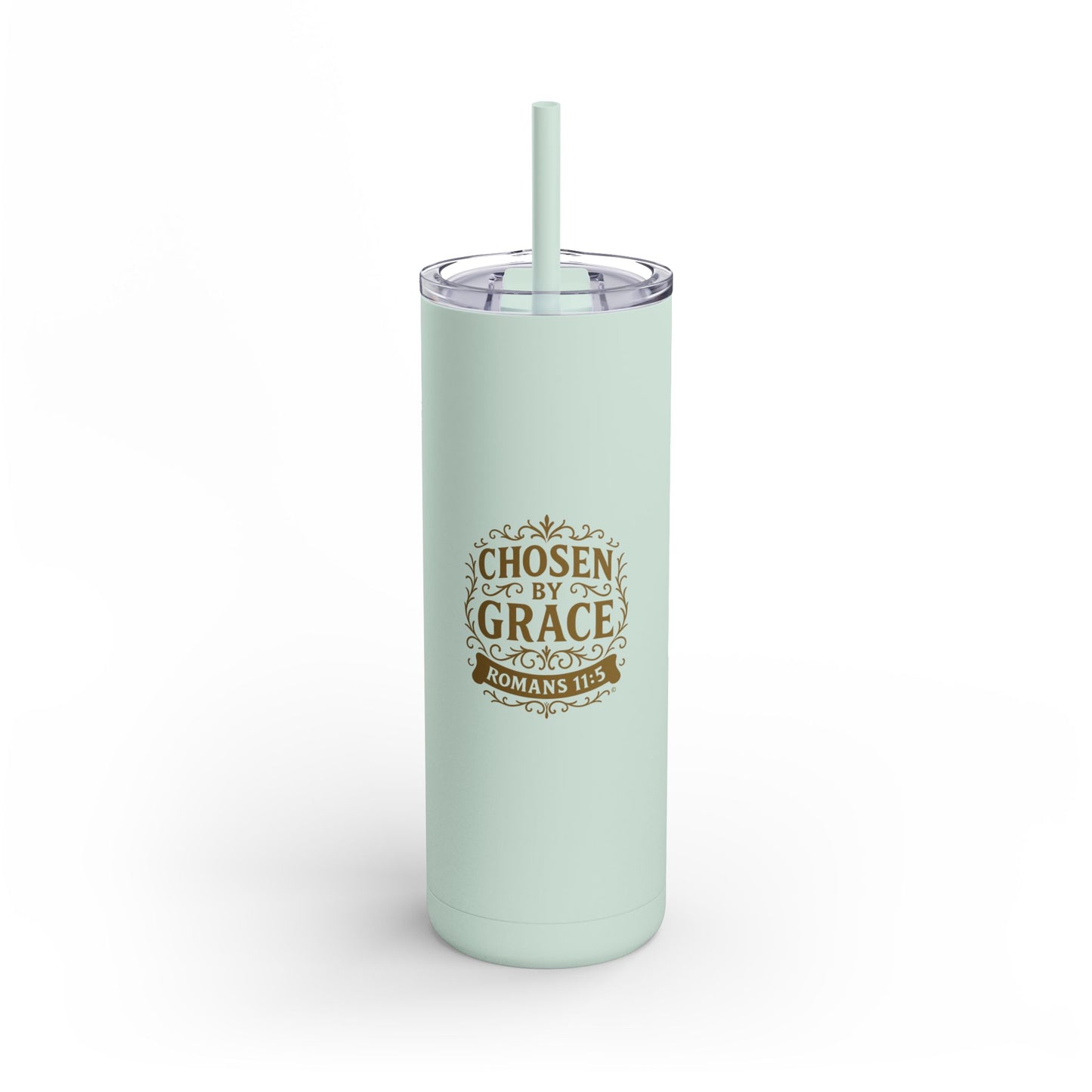 Chosen by Grace (Gold Lettering) 20oz Skinny Tumbler, Inspirational Travel Mug, Unique Gift for Faith Lovers, Bible Verse Drinkware, Motivational Water Bottle - Cross Apparel USA