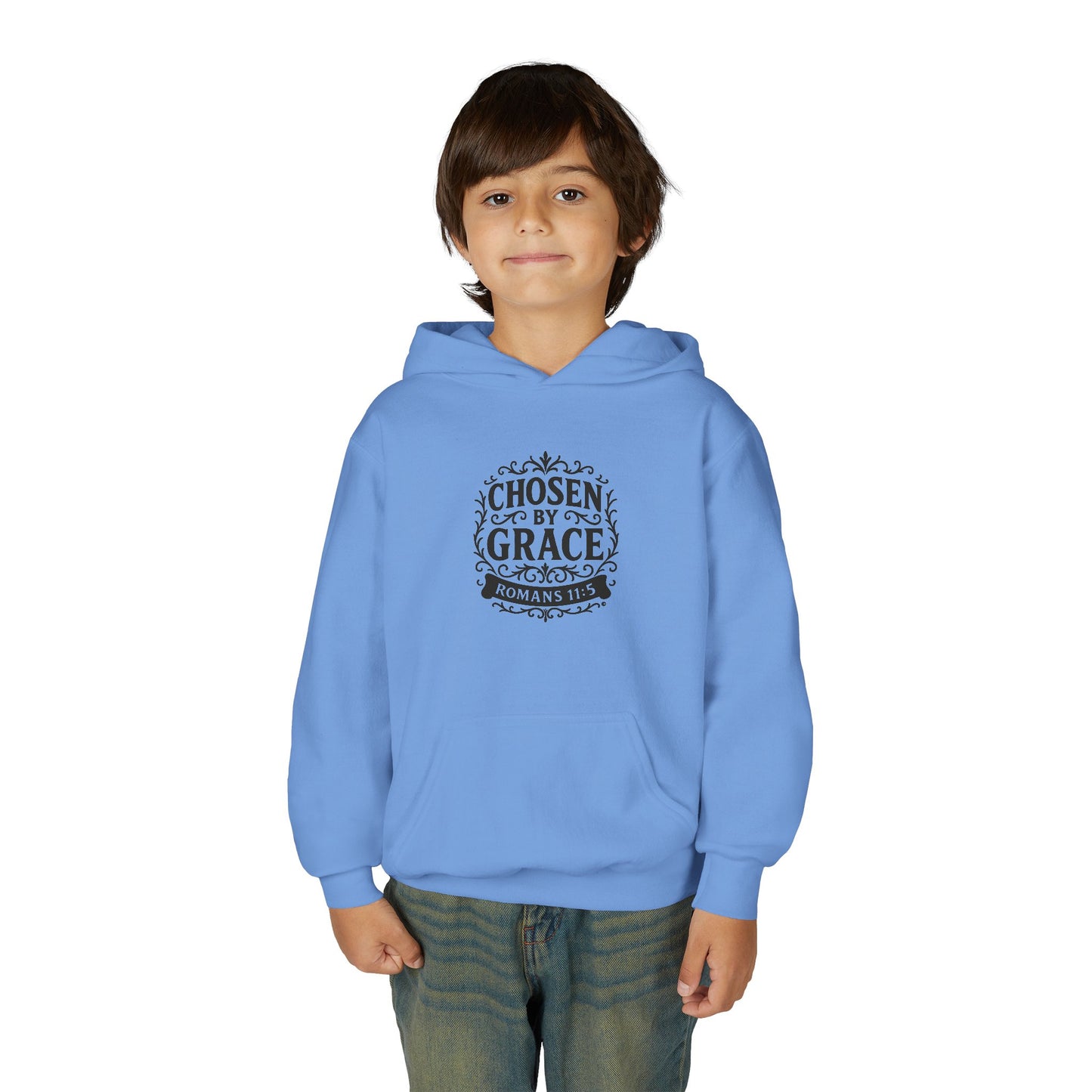 Chosen by Grace (Black Lettering) Youth Heavy Blend Hooded Sweatshirt