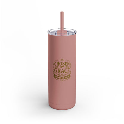 Chosen by Grace (Gold Lettering) 20oz Skinny Tumbler, Inspirational Travel Mug, Unique Gift for Faith Lovers, Bible Verse Drinkware, Motivational Water Bottle - Cross Apparel USA