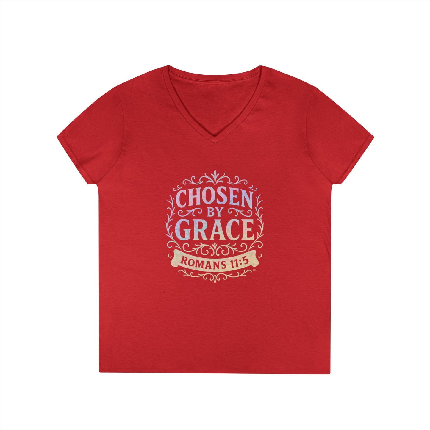 Chosen by Grace (Multi-color Limited Edition) Ladies V-Neck T-Shirt, Inspirational Gift, Faith-Based Gift