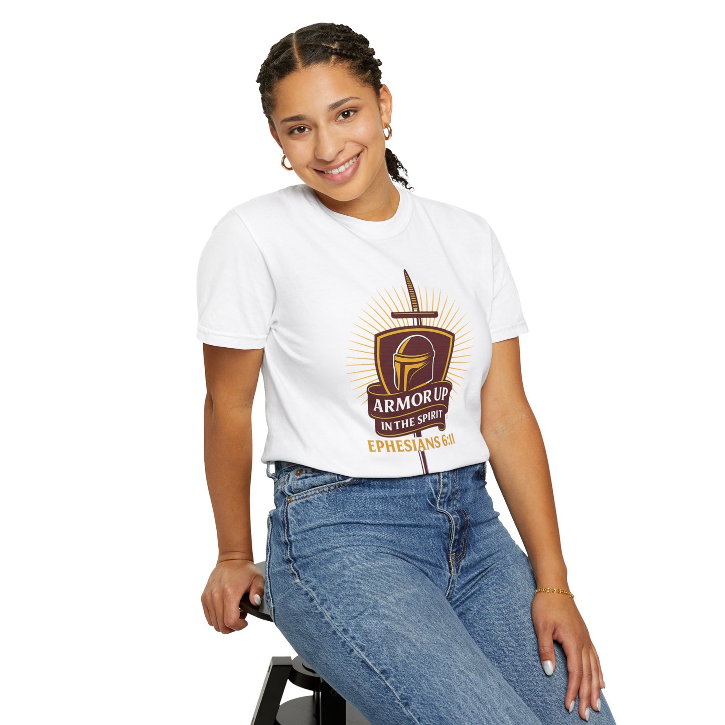Armor Up (Burgundy & Gold Lettering) Unisex Faith Tee, Relaxed Fit Shirt, Inspirational Apparel, Gift for Believers