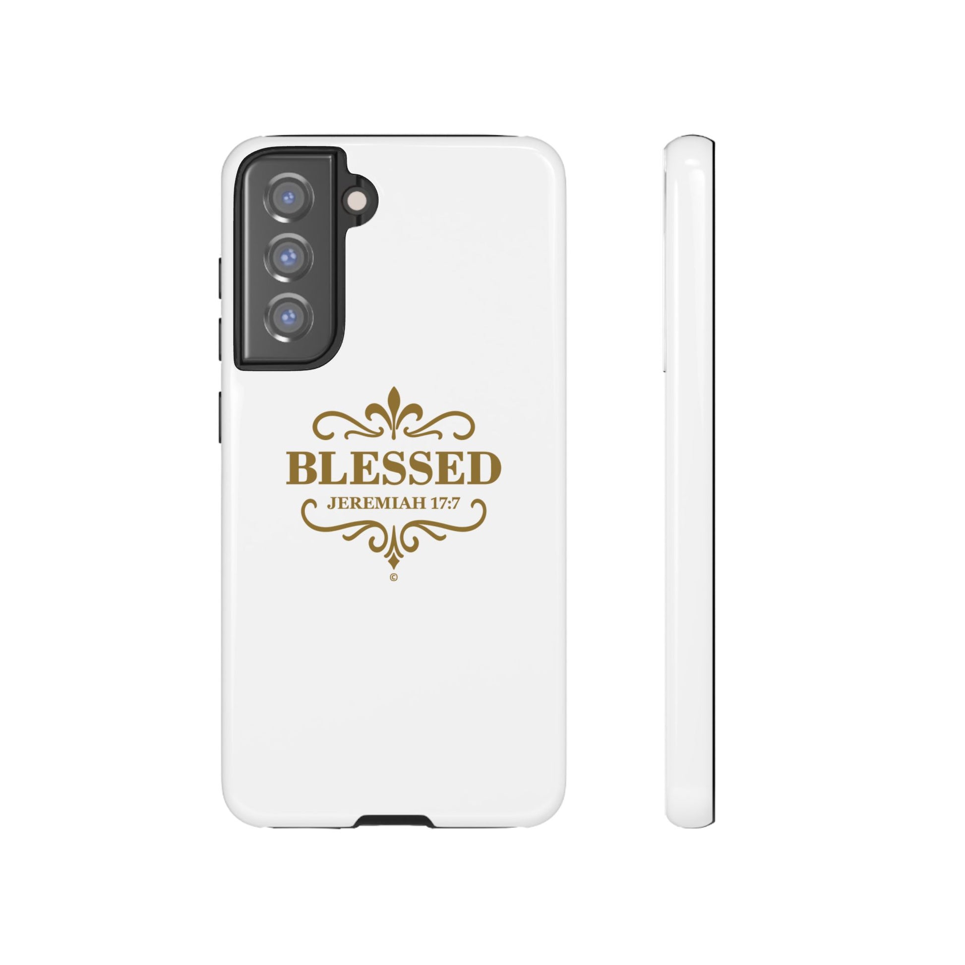 Blessed (Gold Lettering), Rugged Phone Case, Inspirational Mobile Cover, Gift for Faith Lovers, Faith-Based Protector - Cross Apparel USA