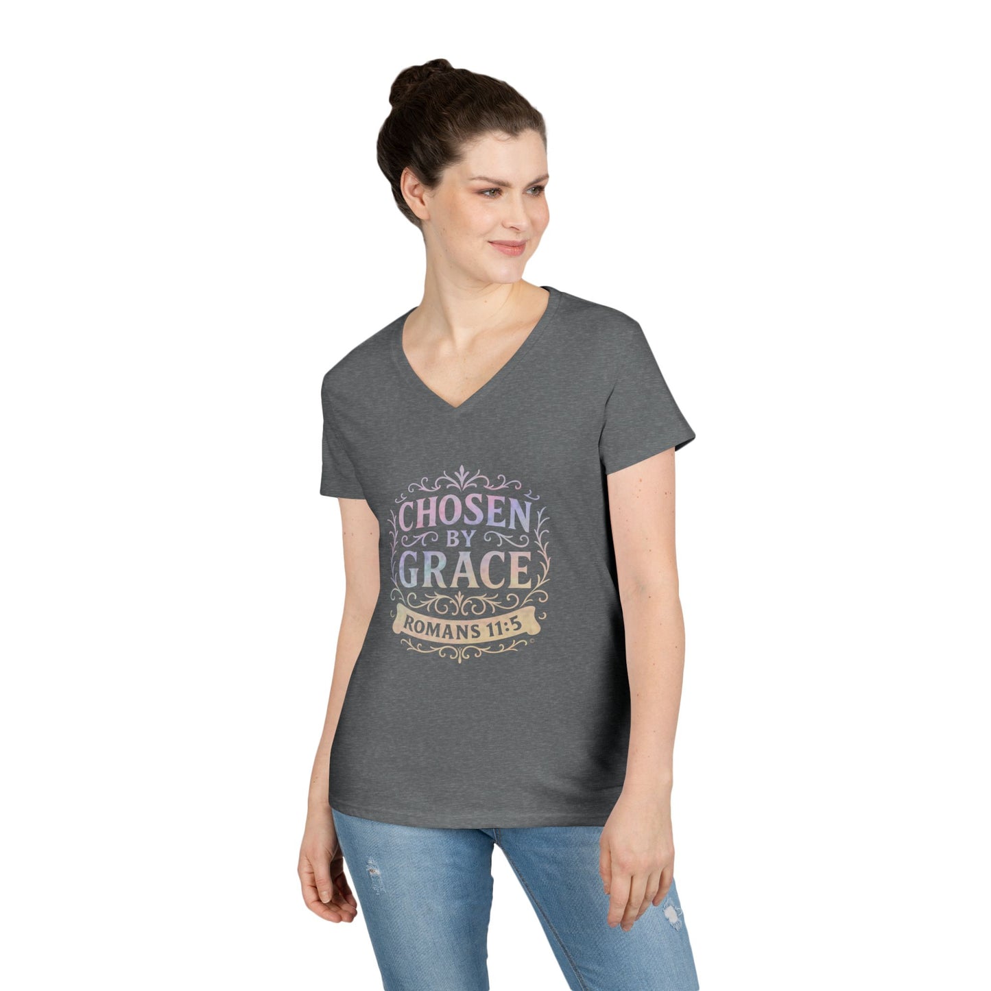 Chosen by Grace (Multi-color Limited Edition) Ladies V-Neck T-Shirt, Inspirational Gift, Faith-Based Gift