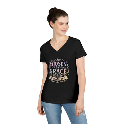Chosen by Grace (Multi-color Limited Edition) Ladies V-Neck T-Shirt, Inspirational Gift, Faith-Based Gift