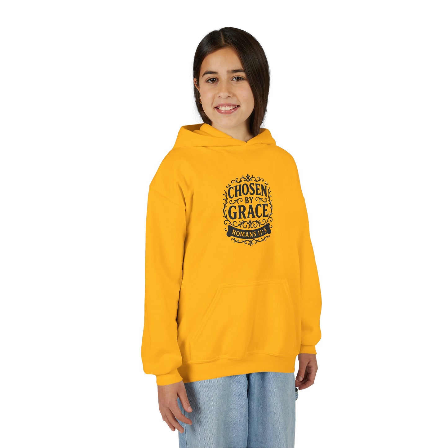 Chosen by Grace (Black Lettering) Youth Heavy Blend Hooded Sweatshirt