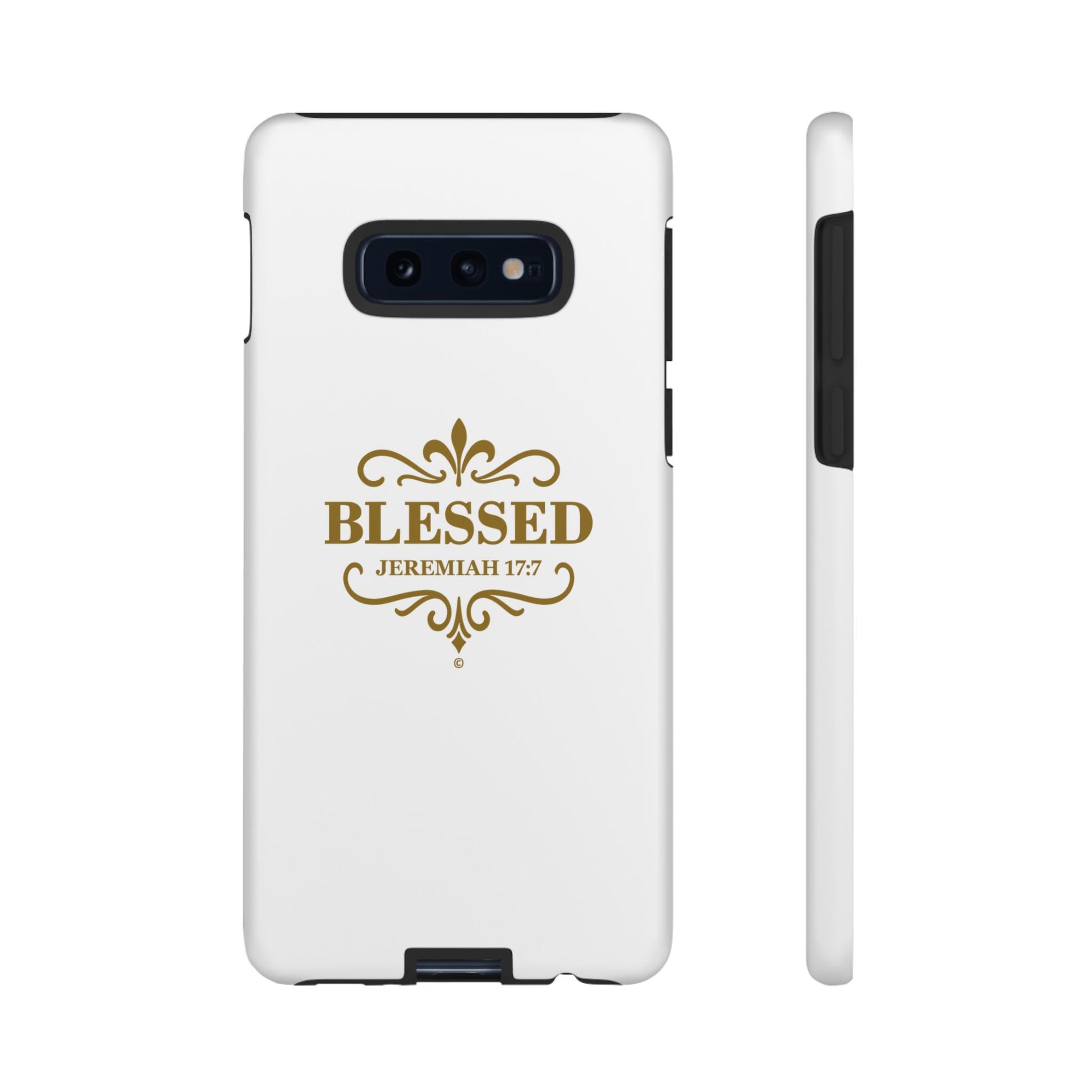 Blessed (Gold Lettering), Rugged Phone Case, Inspirational Mobile Cover, Gift for Faith Lovers, Faith-Based Protector - Cross Apparel USA