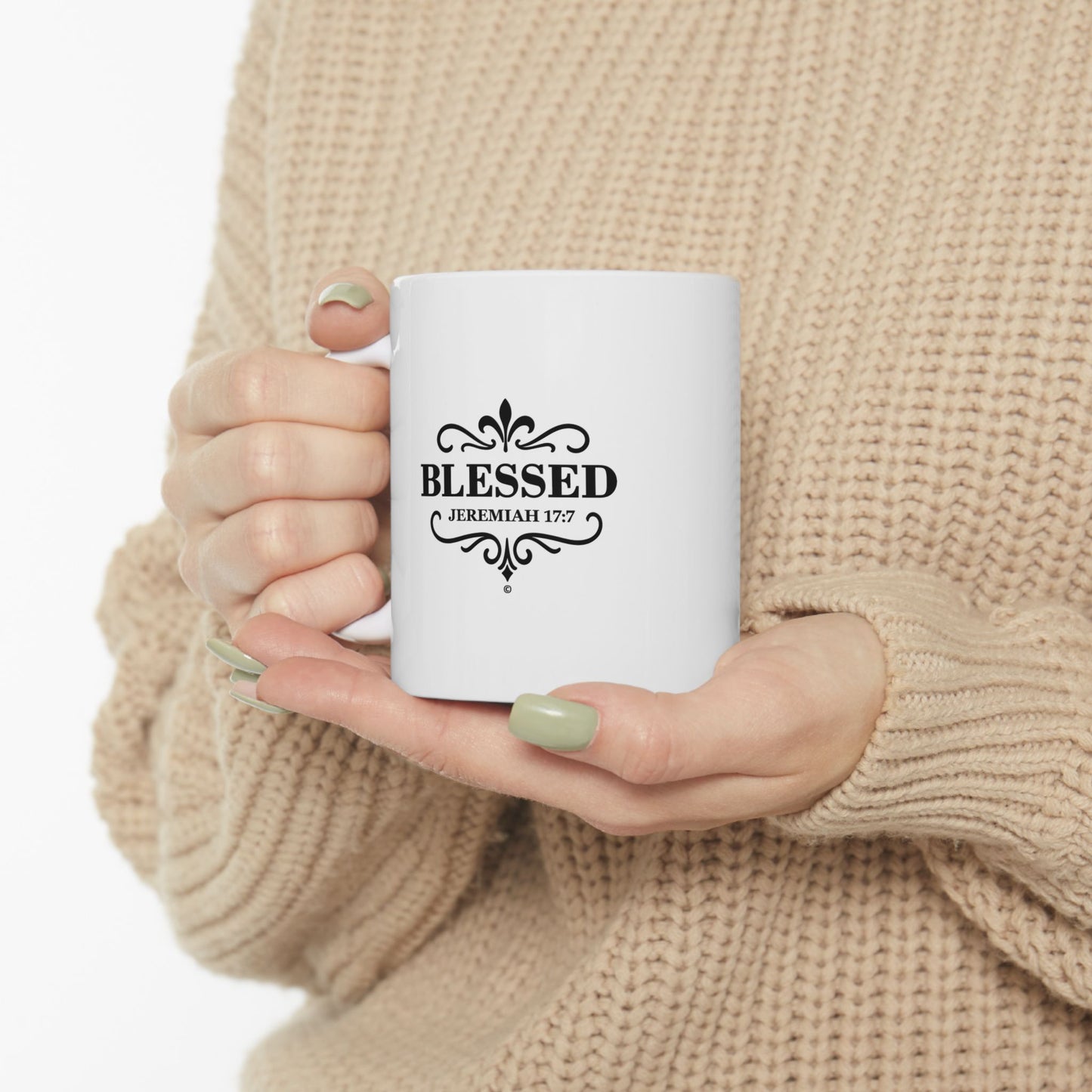 Blessed (Black Lettering) Ceramic Mug, Inspirational Gift, Coffee Cup for Faith, Gift of Believers, Devotional Drinkware (11oz, 15oz)