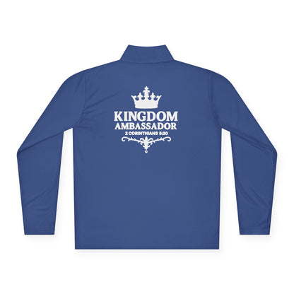 Kingdom Ambassador (Small Design on Front and Full design on the back side) Stylish Unisex Quarter-Zip Pullover for Everyday Comfort, Cozy Apparel, Trendy Layering, Casual Wear, Great for Believers
