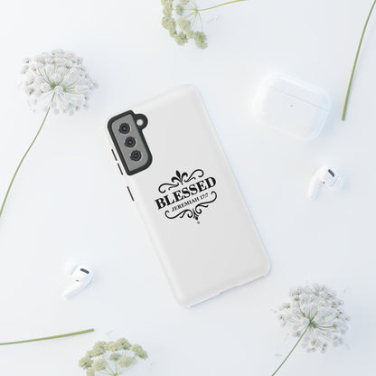 Blessed (Black Lettering), Rugged Phone Case, Inspirational Mobile Cover, Gift for Faith Lovers, Faith-Based Protector