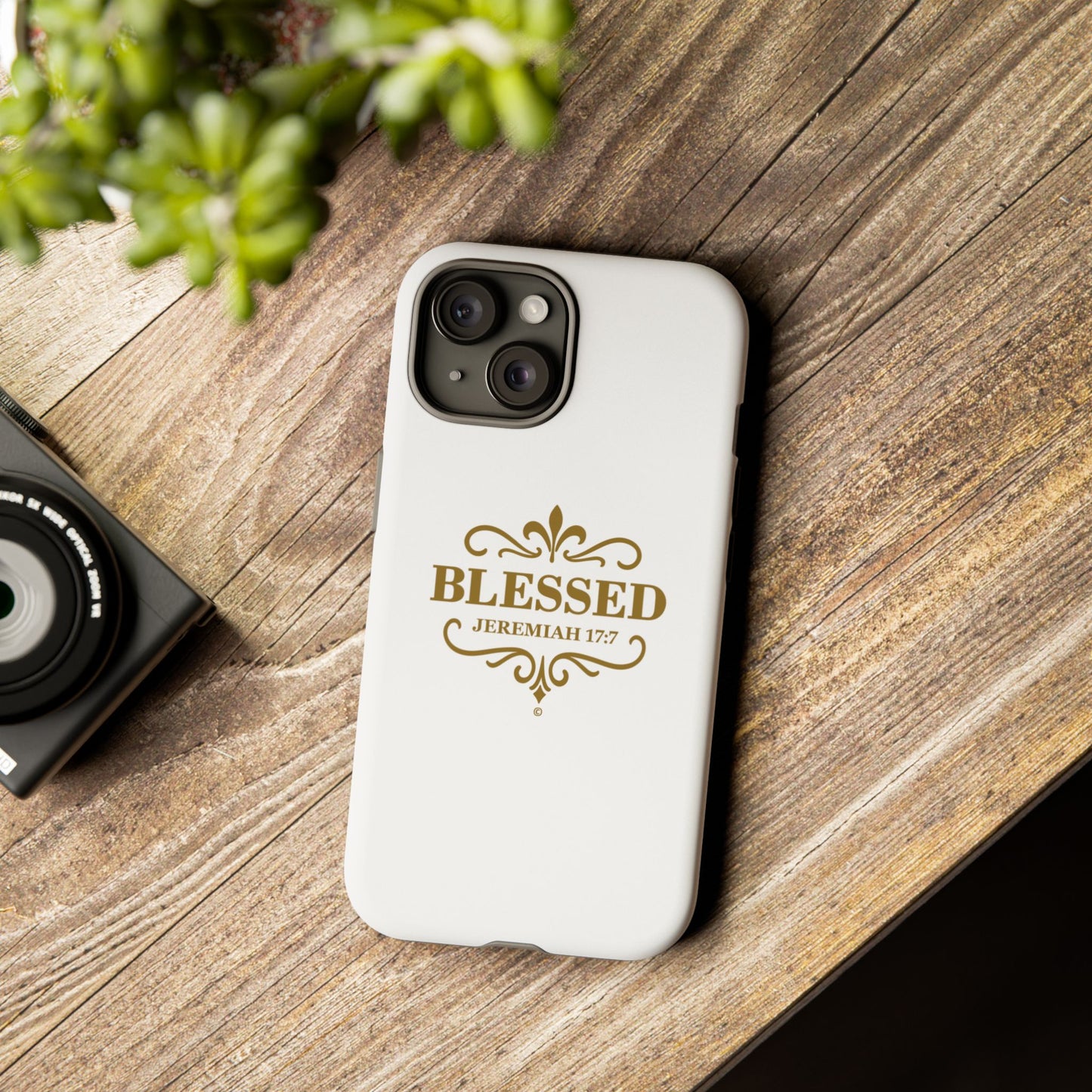 Blessed (Gold Lettering), Rugged Phone Case, Inspirational Mobile Cover, Gift for Faith Lovers, Faith-Based Protector - Cross Apparel USA