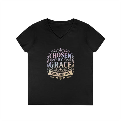 Chosen by Grace (Multi-color Limited Edition) Ladies V-Neck T-Shirt, Inspirational Gift, Faith-Based Gift - Cross Apparel USA