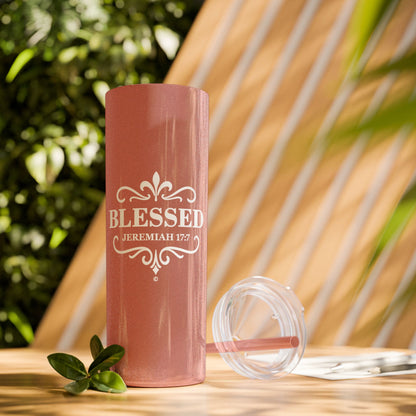 Blessed (White Lettering) 20oz Skinny Tumbler, Inspirational Travel Mug, Unique Gift for Faith Lovers, Bible Verse Drinkware, Motivational Water Bottle