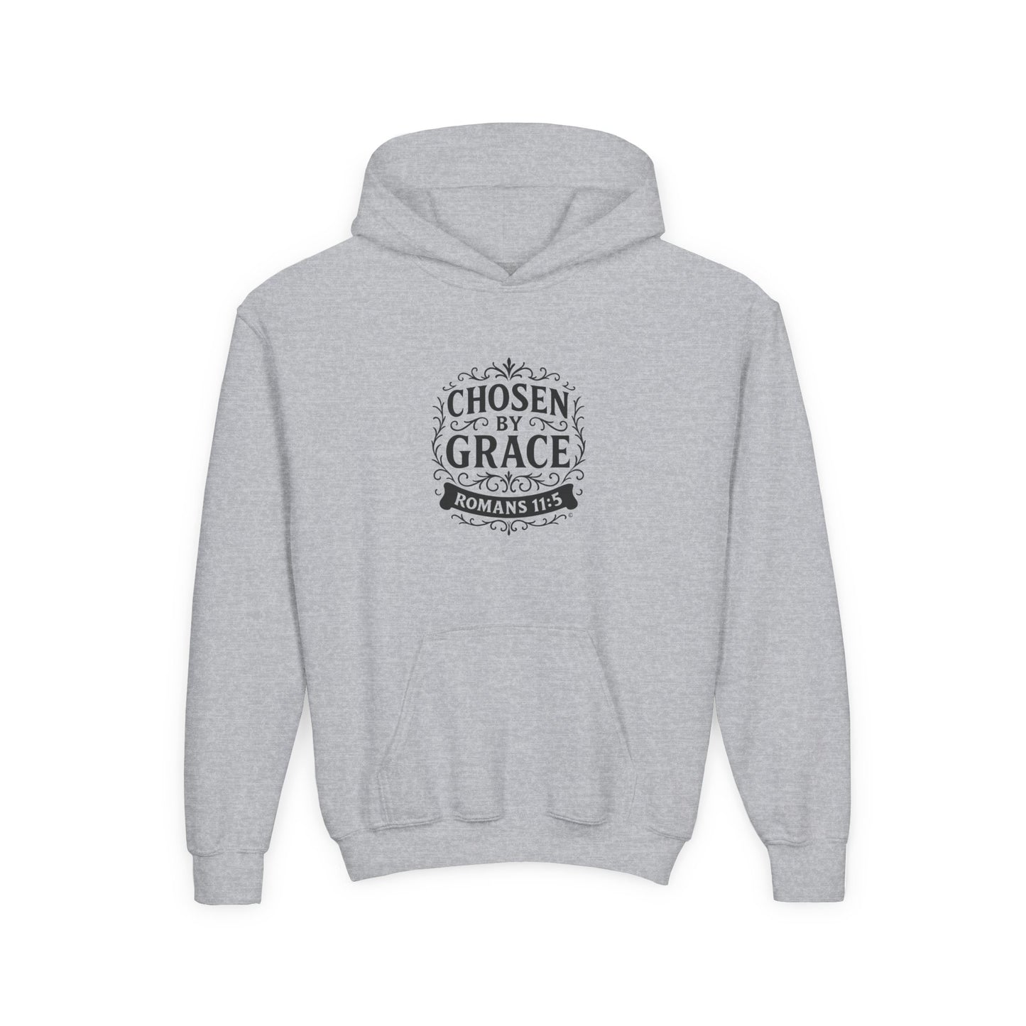 Chosen by Grace (Black Lettering) Youth Heavy Blend Hooded Sweatshirt - Cross Apparel USA