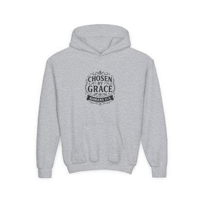 Chosen by Grace (Black Lettering) Youth Heavy Blend Hooded Sweatshirt - Cross Apparel USA