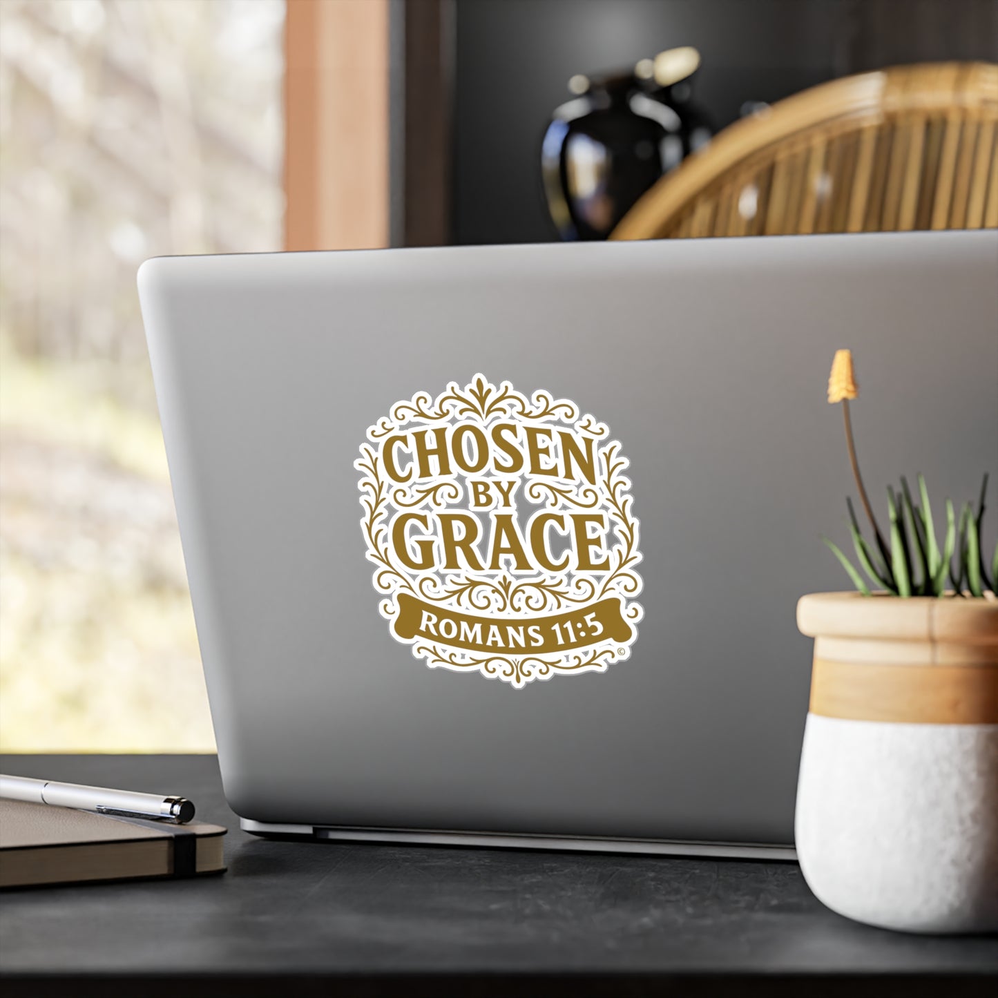 Chosen by Grace (Gold Lettering) Kiss-Cut Vinyl Decals, Inspirational Wall Art, Faith-Based Gifts, Perfect for Students - Cross Apparel USA