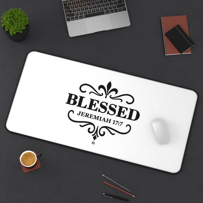 Blessed (Black Lettering) Desk Mat - Inspirational Office Decor, Christian Gift, Desk Accessory, Motivational Workspace - Cross Apparel USA