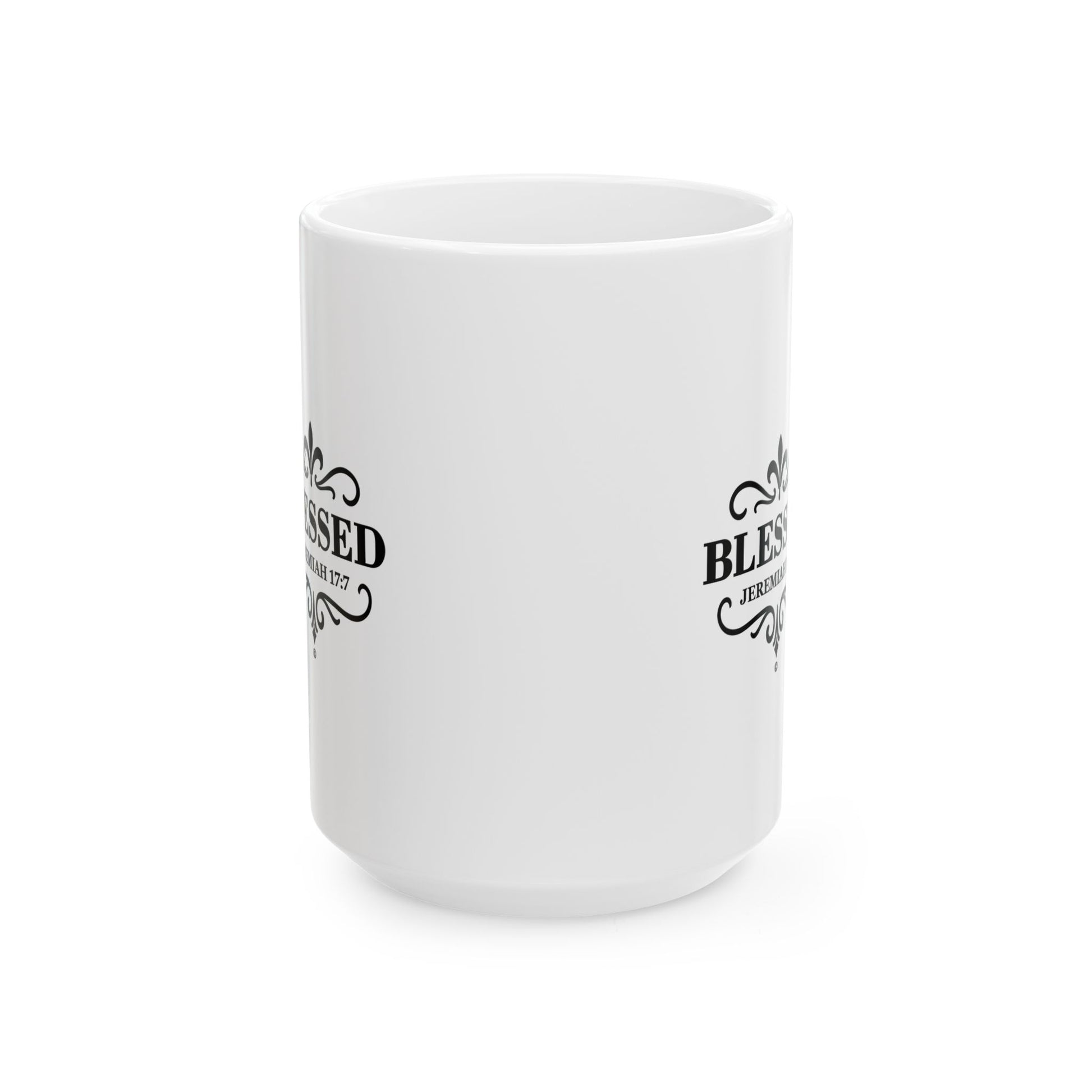Blessed (Black Lettering) Ceramic Mug, Inspirational Gift, Coffee Cup for Faith, Gift of Believers, Devotional Drinkware (11oz, 15oz) - Cross Apparel USA