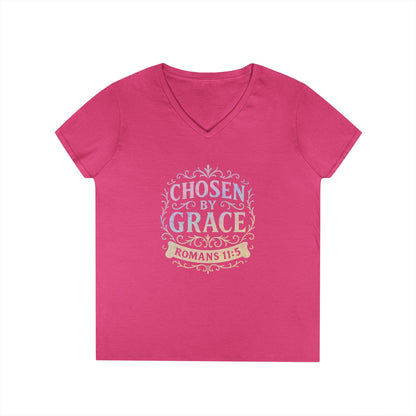 Chosen by Grace (Multi-color Limited Edition) Ladies V-Neck T-Shirt, Inspirational Gift, Faith-Based Gift - Cross Apparel USA