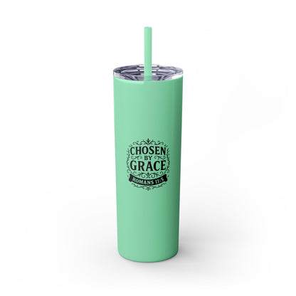 Chosen by Grace (Black Lettering) Stylish Skinny Tumbler with Straw, 20oz - Perfect Gift for Believers, Travel Mug, Insulated Drinkware, Inspirational Cup - Cross Apparel USA