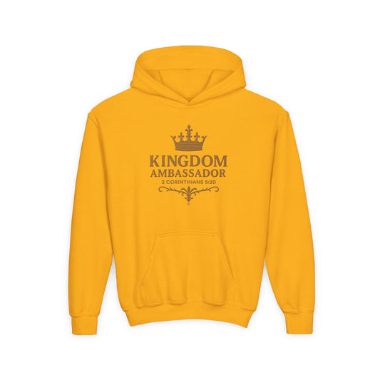 Kingdom Ambassador (Gold Lettering) Youth Hooded Sweatshirt, Inspirational Youth Pullover Sweatshirt, Faith-Based Gift, Biblical Apparel