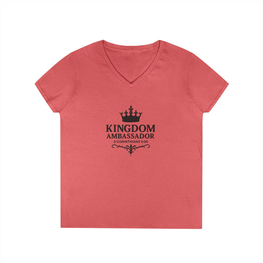 Kingdom Ambasssador (Black Lettering) Ladies V-Neck T-Shirt, Inspirational Gift, Faith-Based Gift - Cross Apparel USA