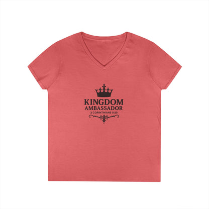 Kingdom Ambasssador (Black Lettering) Ladies V-Neck T-Shirt, Inspirational Gift, Faith-Based Gift - Cross Apparel USA