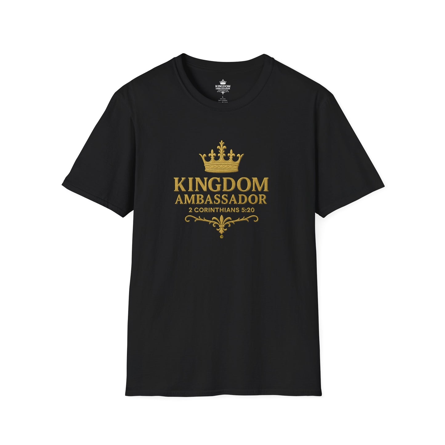 Kingdom Ambassador (Gold Lettering) T-Shirt | Unisex Softstyle Tee for Faith, Community Events, Gifts for Believers