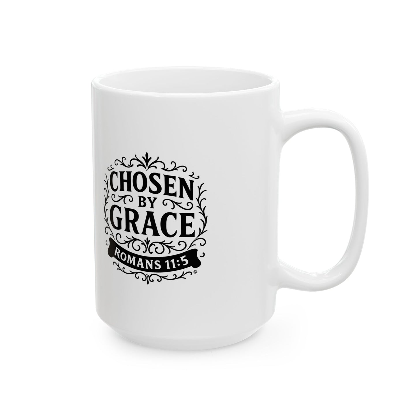 Chosen by Grace (Black Lettering) Ceramic Mug, Inspirational Gift, Coffee Cup for Faith, Gift of Believers, Devotional Drinkware (11oz, 15oz) - Cross Apparel USA