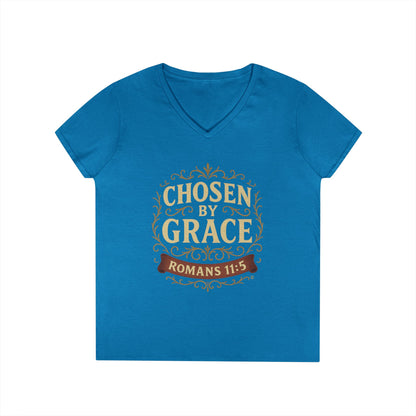 Chosen by Grace (Full Color) Ladies V-Neck T-Shirt, Inspirational Gift, Faith-Based Gift