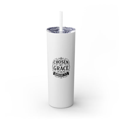 Chosen by Grace (Black Lettering) Stylish Skinny Tumbler with Straw, 20oz - Perfect Gift for Believers, Travel Mug, Insulated Drinkware, Inspirational Cup - Cross Apparel USA